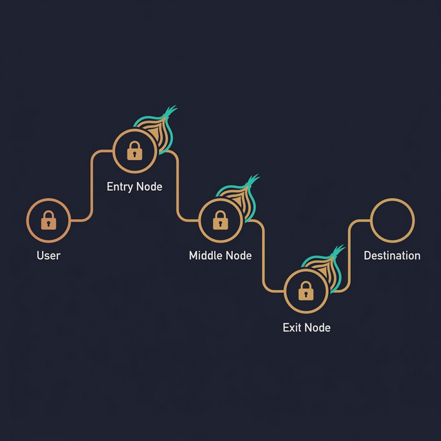 Tor network routing diagram showing how traffic is anonymized through encrypted relay nodes